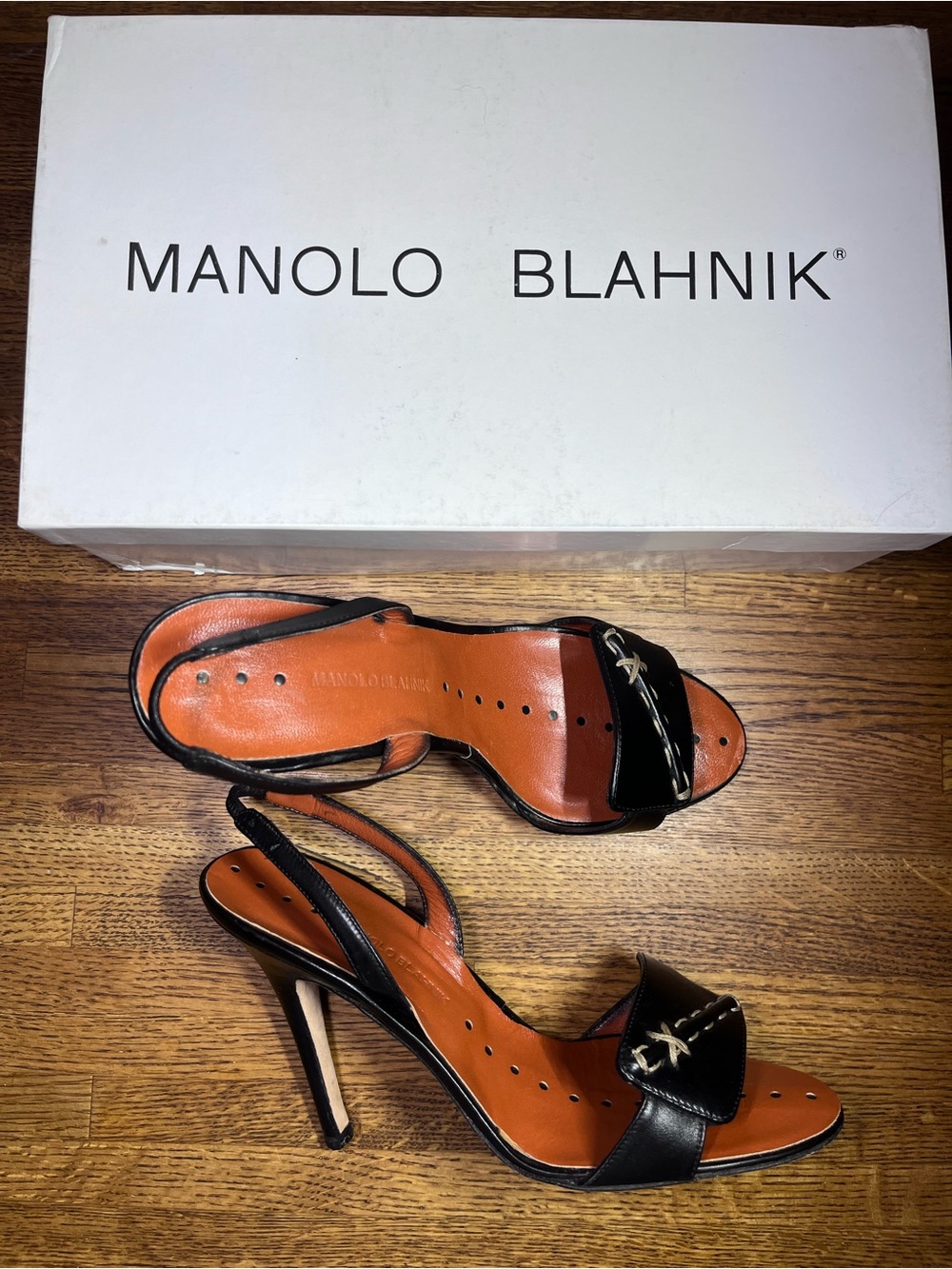 Manolo Blahnik Black Leather Open-Toe Slingback Heels (36)